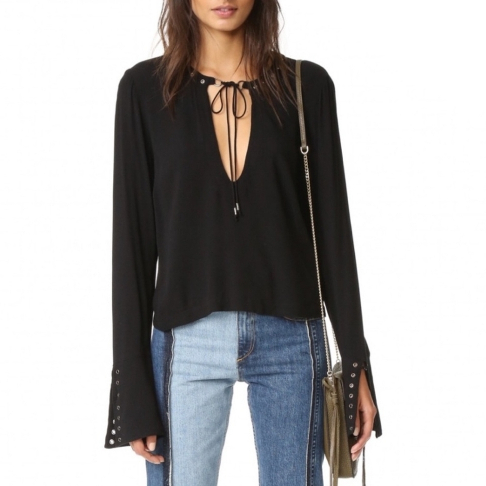 Free People Jump To The Beat Long Bell Sleeve Black Whimsical Bohemian Top Sz S